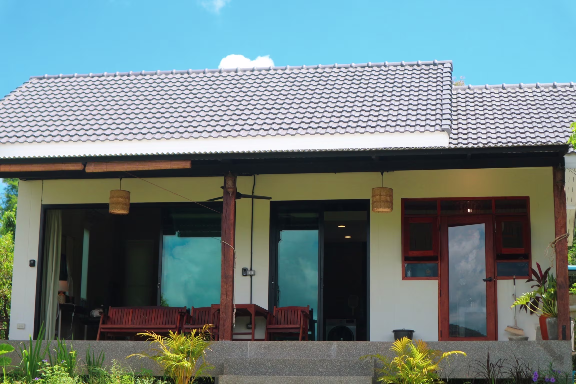 Cottage with mountain backdrop